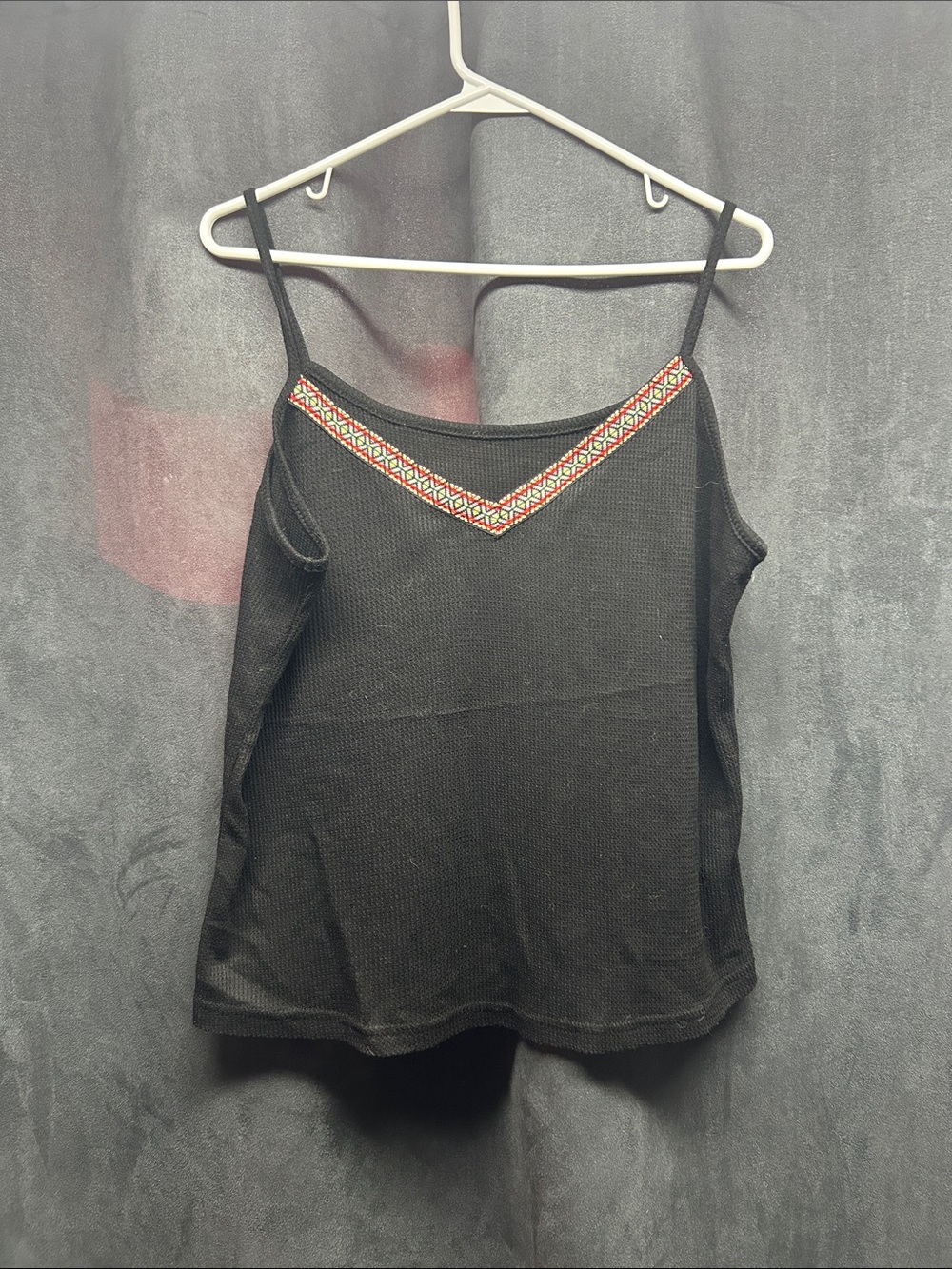 SHEIN Black Spaghetti Strap Camisole with Red & Cream Embroidered V-Trim